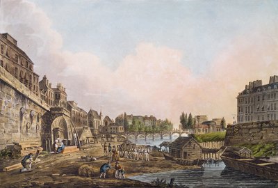 Blick auf die Seine unter einem Bogen der Pont Notre-Dame, 1805 von John Claude Nattes